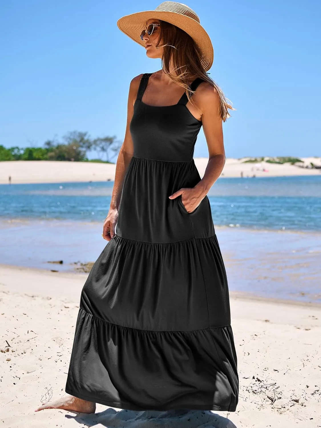 ANRABESS Women's Summer Casual Long Maxi Beach Vacation Dresses Sleeveless Square Neck Flowy Tiered Sun Dress with Pockets