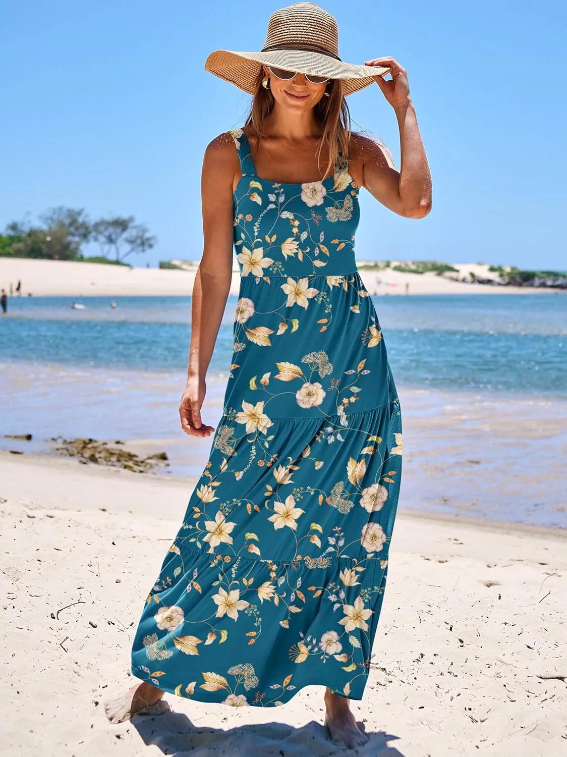ANRABESS Women's Summer Casual Long Maxi Beach Vacation Dresses Sleeveless Square Neck Flowy Tiered Sun Dress with Pockets