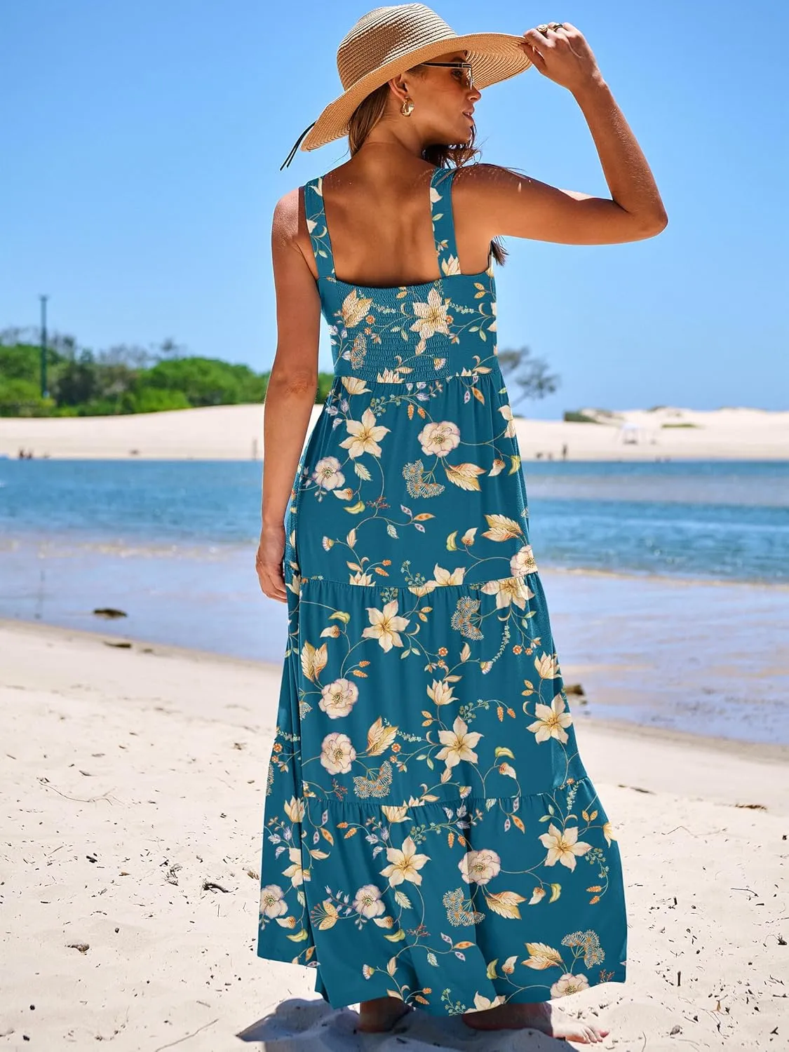 ANRABESS Women's Summer Casual Long Maxi Beach Vacation Dresses Sleeveless Square Neck Flowy Tiered Sun Dress with Pockets