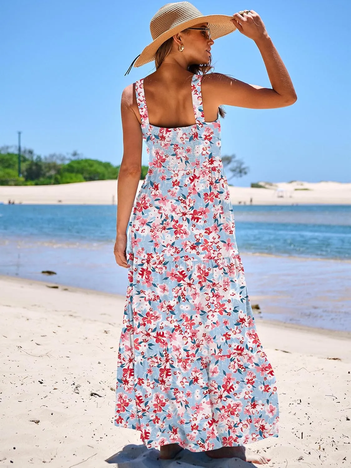 ANRABESS Women's Summer Casual Long Maxi Beach Vacation Dresses Sleeveless Square Neck Flowy Tiered Sun Dress with Pockets