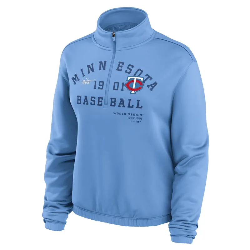 AVAILABLE IN-STORE ONLY! Minnesota Twins Nike Women's Light Blue Rewind Splice Half-Zip Sweatshirt