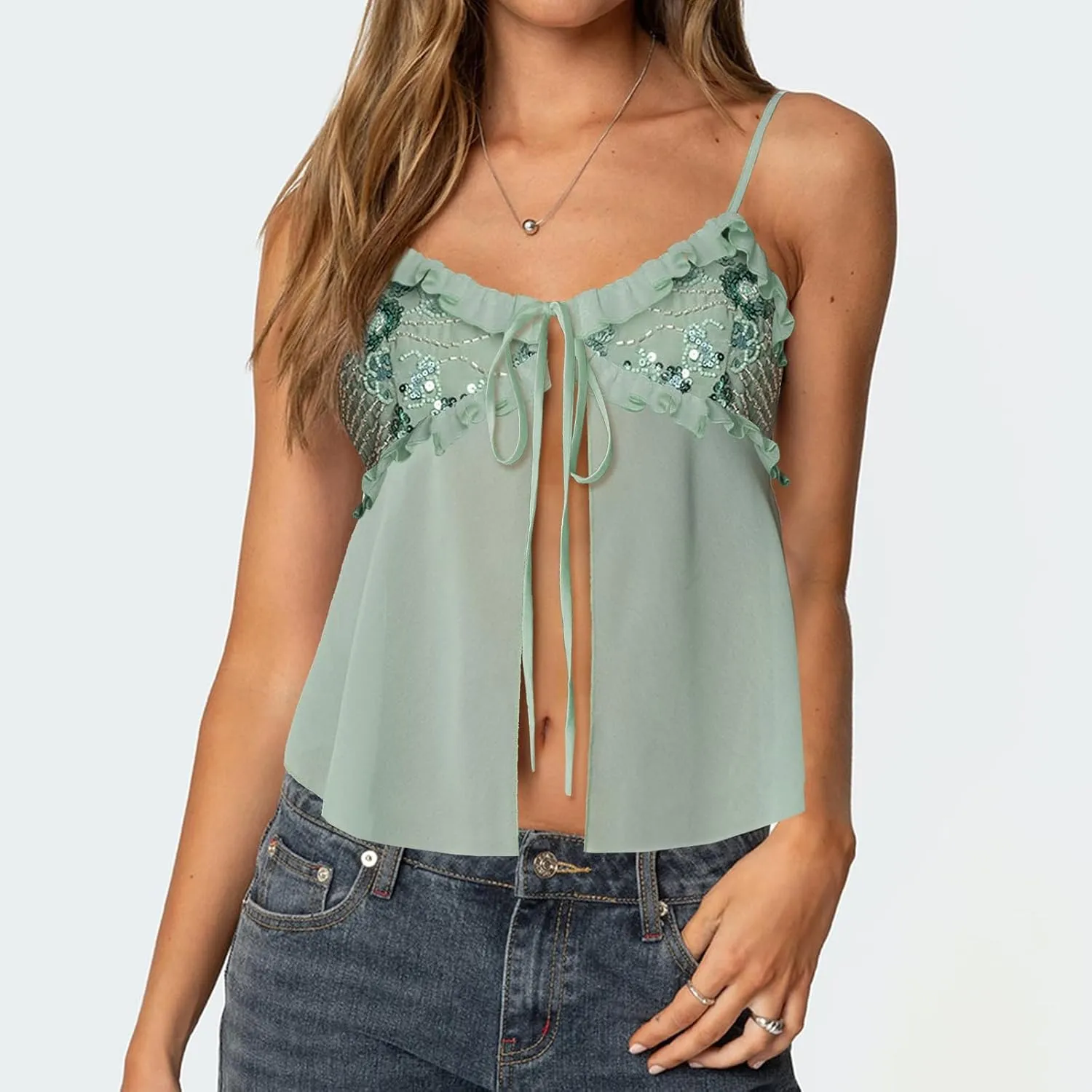 Bocymolay Women Y2k Sequin Cami Tank Top Open Tie Front Sparkle Glitter Backless Shirts Going Out Party Clubwear