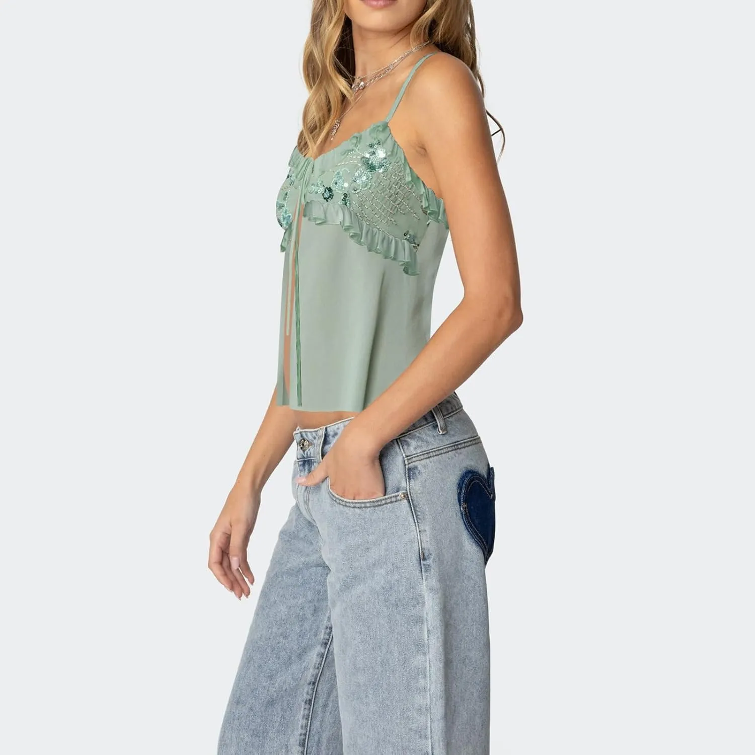 Bocymolay Women Y2k Sequin Cami Tank Top Open Tie Front Sparkle Glitter Backless Shirts Going Out Party Clubwear