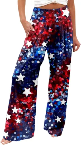 Boho Pants for Women Floral Print Linen Pant Elastic Waist Drawstring Summer Beach Baggy Trousers with Pocket Fit