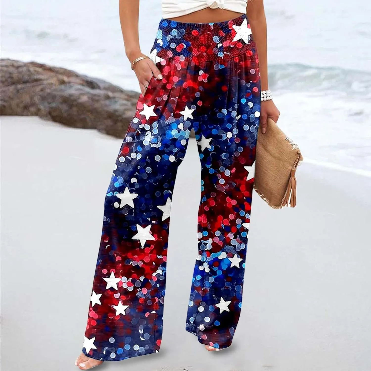 Boho Pants for Women Floral Print Linen Pant Elastic Waist Drawstring Summer Beach Baggy Trousers with Pocket Fit