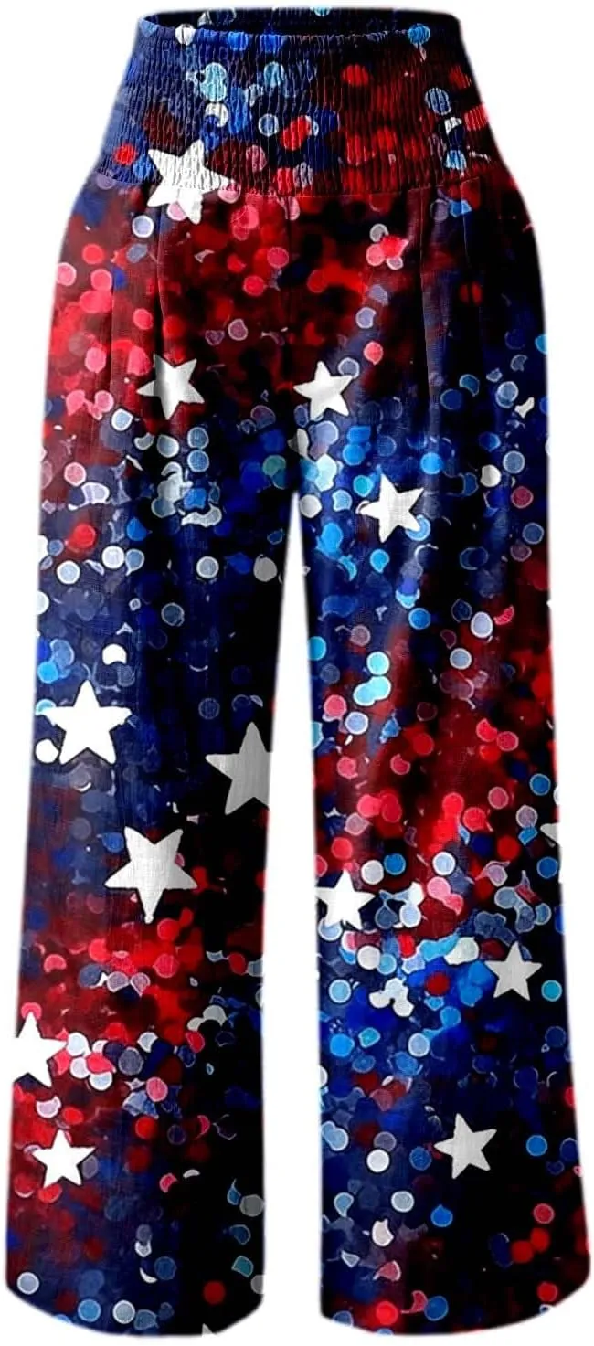Boho Pants for Women Floral Print Linen Pant Elastic Waist Drawstring Summer Beach Baggy Trousers with Pocket Fit