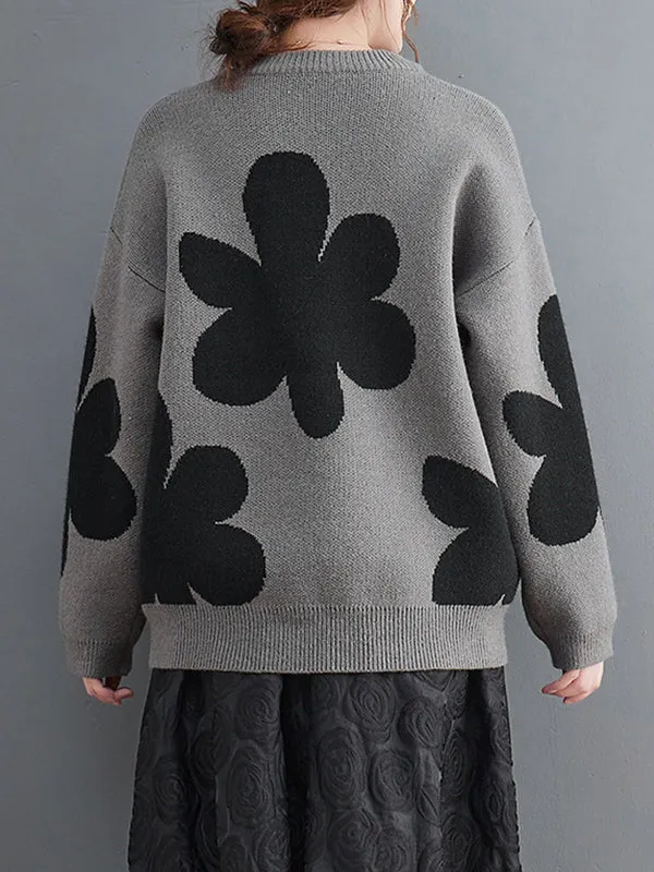 Casual Loose Long Sleeves Contrast Color Jacquard Round-Neck Sweater Tops