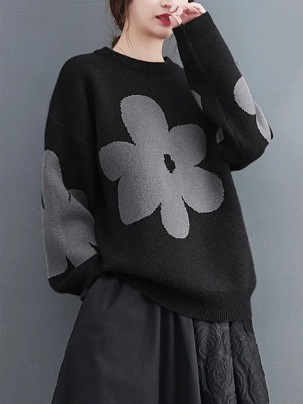 Casual Loose Long Sleeves Contrast Color Jacquard Round-Neck Sweater Tops