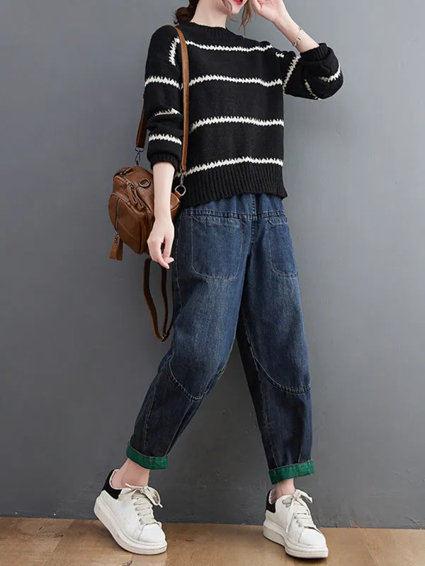 Casual Loose Long Sleeves Striped Round-Neck Sweater Tops