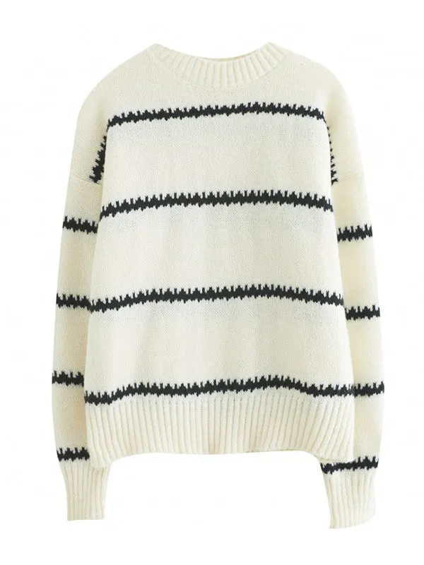 Casual Loose Long Sleeves Striped Round-Neck Sweater Tops