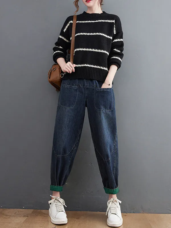 Casual Loose Long Sleeves Striped Round-Neck Sweater Tops
