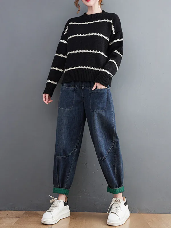 Casual Loose Long Sleeves Striped Round-Neck Sweater Tops