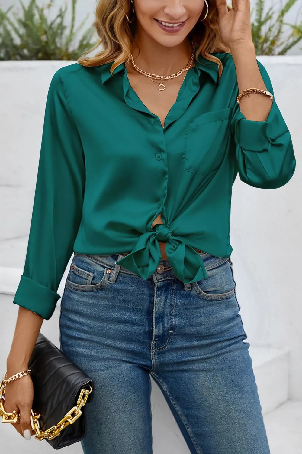 CBOO Women Elegant Satin Blouses Shirts, Soft Silk Shirts Top, Satin Button Down Shirts, Office Long Sleeve Blouse Shirt