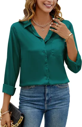 CBOO Women Elegant Satin Blouses Shirts, Soft Silk Shirts Top, Satin Button Down Shirts, Office Long Sleeve Blouse Shirt
