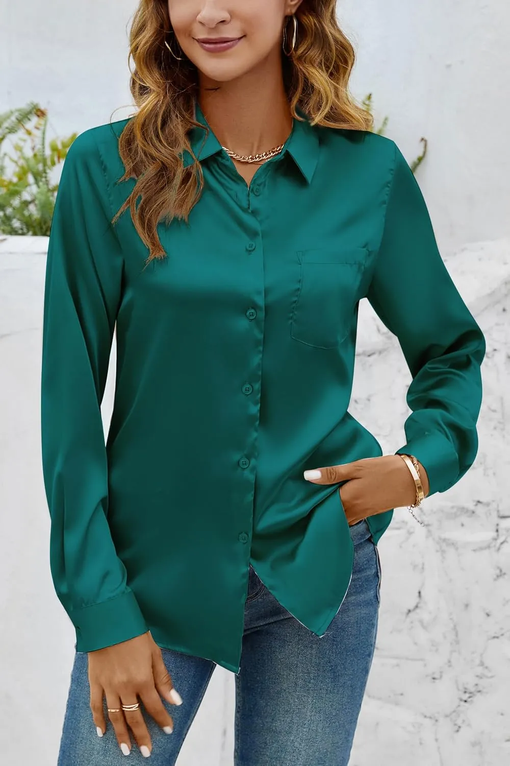 CBOO Women Elegant Satin Blouses Shirts, Soft Silk Shirts Top, Satin Button Down Shirts, Office Long Sleeve Blouse Shirt