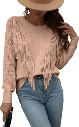 chouyatou Women's Casual Crewneck Fringe Tassel Knitted Pullover Sweater Jumper Tops