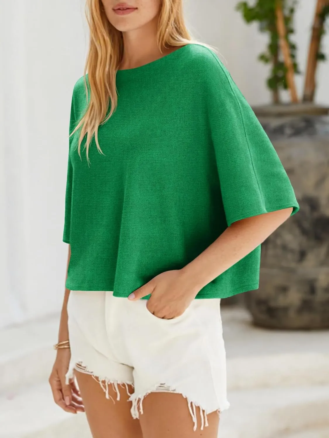 Cicy Bell Womens Half Sleeve Sweaters Oversized Boat Neck Knitted Pullover Sweater Trendy Casual Loose Fit Fall Tops