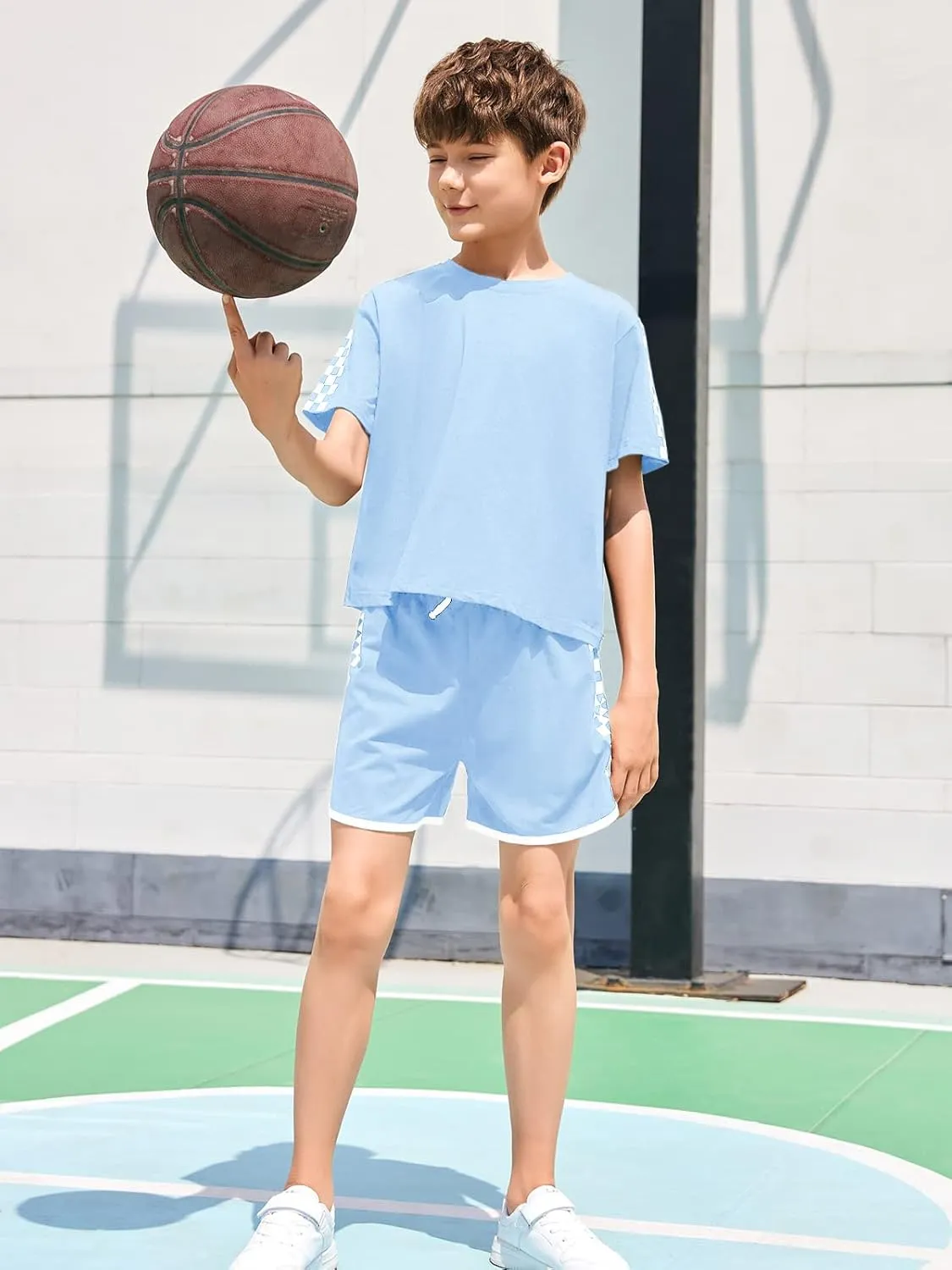 CNJFJ Kids Summer Sport T-Shirt and Shorts Set Plaid Print Clothing Sets Tracksuit