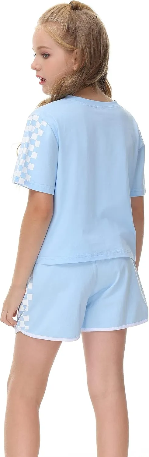 CNJFJ Kids Summer Sport T-Shirt and Shorts Set Plaid Print Clothing Sets Tracksuit