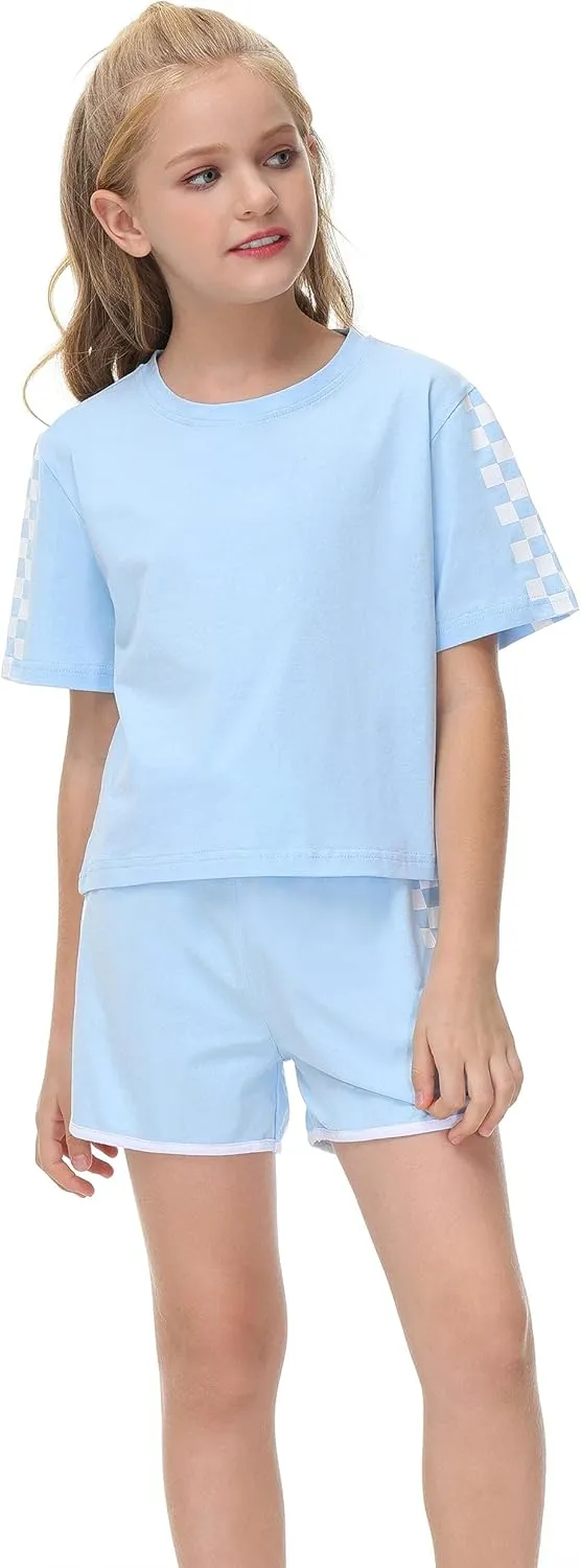 CNJFJ Kids Summer Sport T-Shirt and Shorts Set Plaid Print Clothing Sets Tracksuit