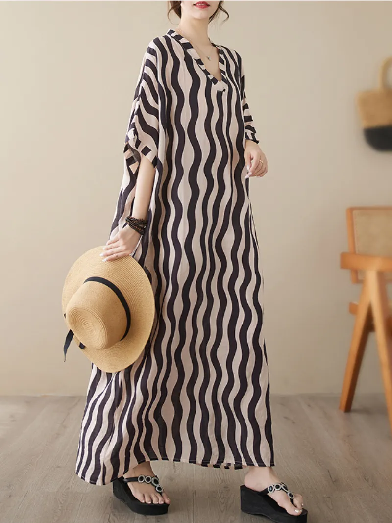 Daily Ritual Women's Round Neck Bat Sleeves Kaftan Dress