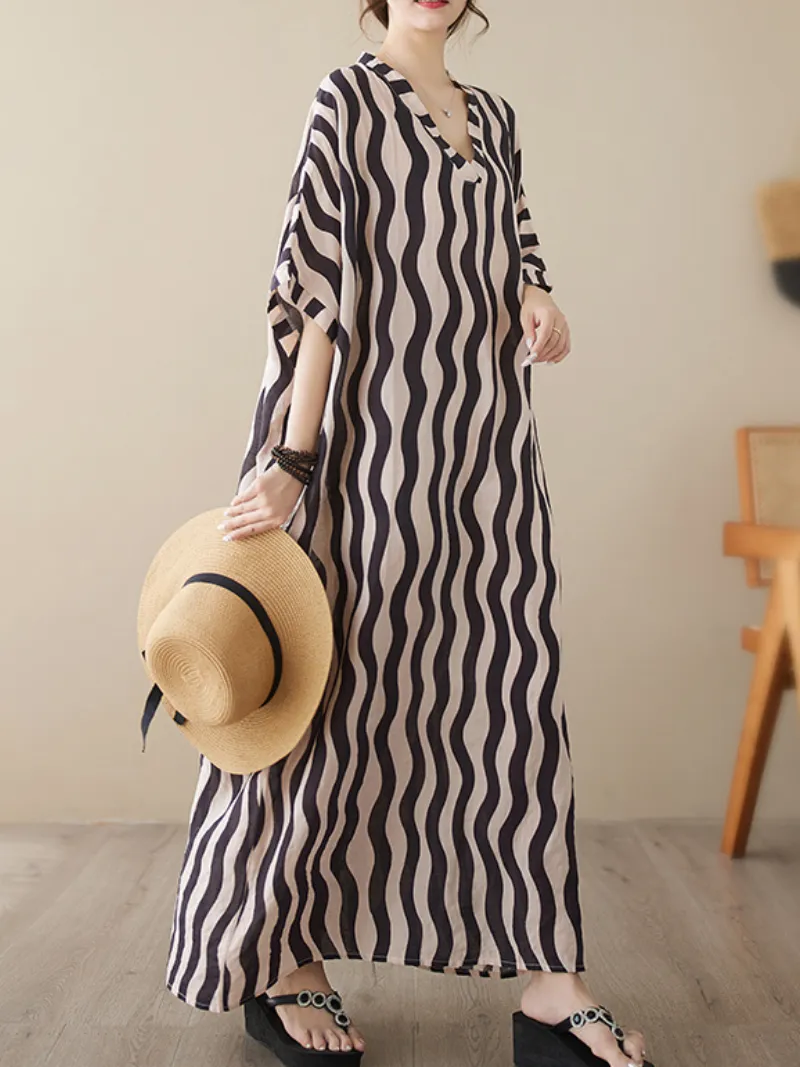 Daily Ritual Women's Round Neck Bat Sleeves Kaftan Dress