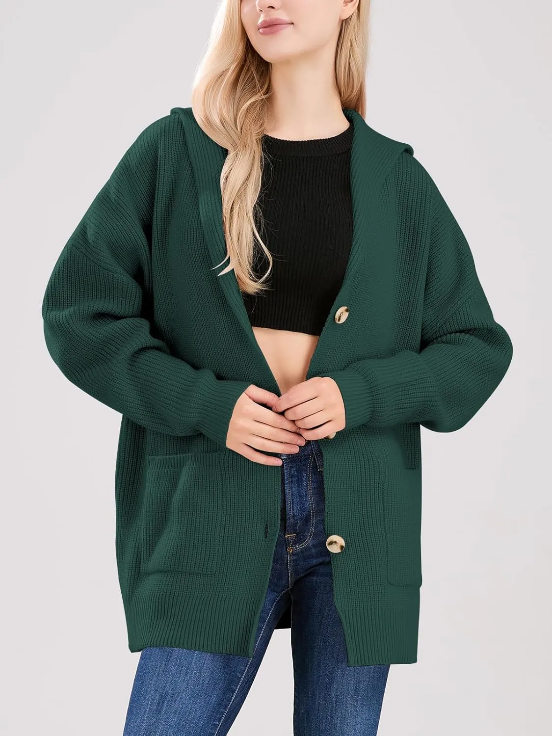 ebossy Women's Oversized Sailor Collar Button Cardigans Chunky Knit Long Sleeve Slouchy Sweaters Coat with Pockets