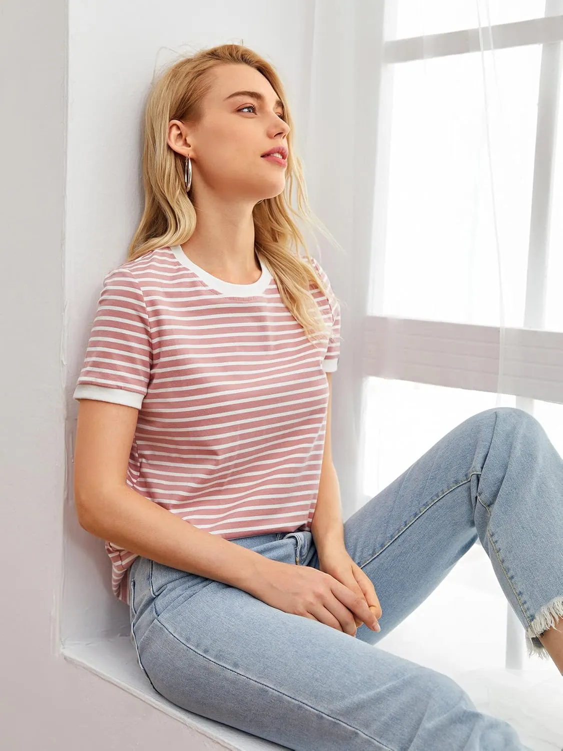 Floerns Women's Casual Striped Crew Neck Short Sleeve T Shirts Tee Tops
