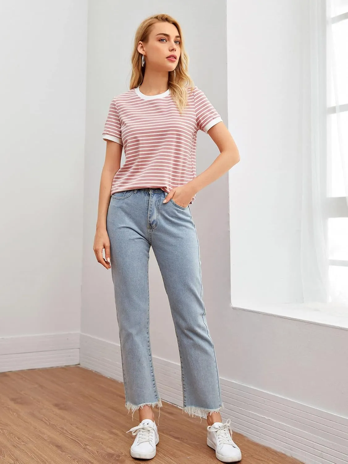 Floerns Women's Casual Striped Crew Neck Short Sleeve T Shirts Tee Tops