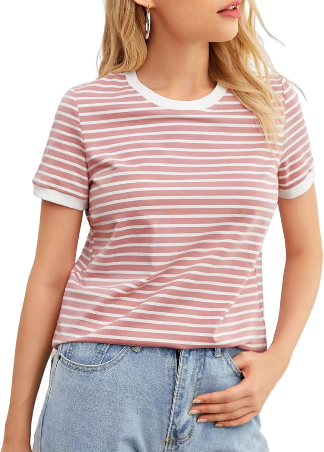 Floerns Women's Casual Striped Crew Neck Short Sleeve T Shirts Tee Tops