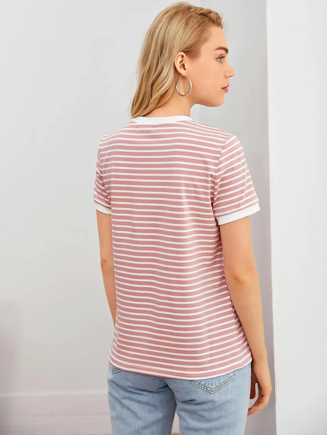 Floerns Women's Casual Striped Crew Neck Short Sleeve T Shirts Tee Tops