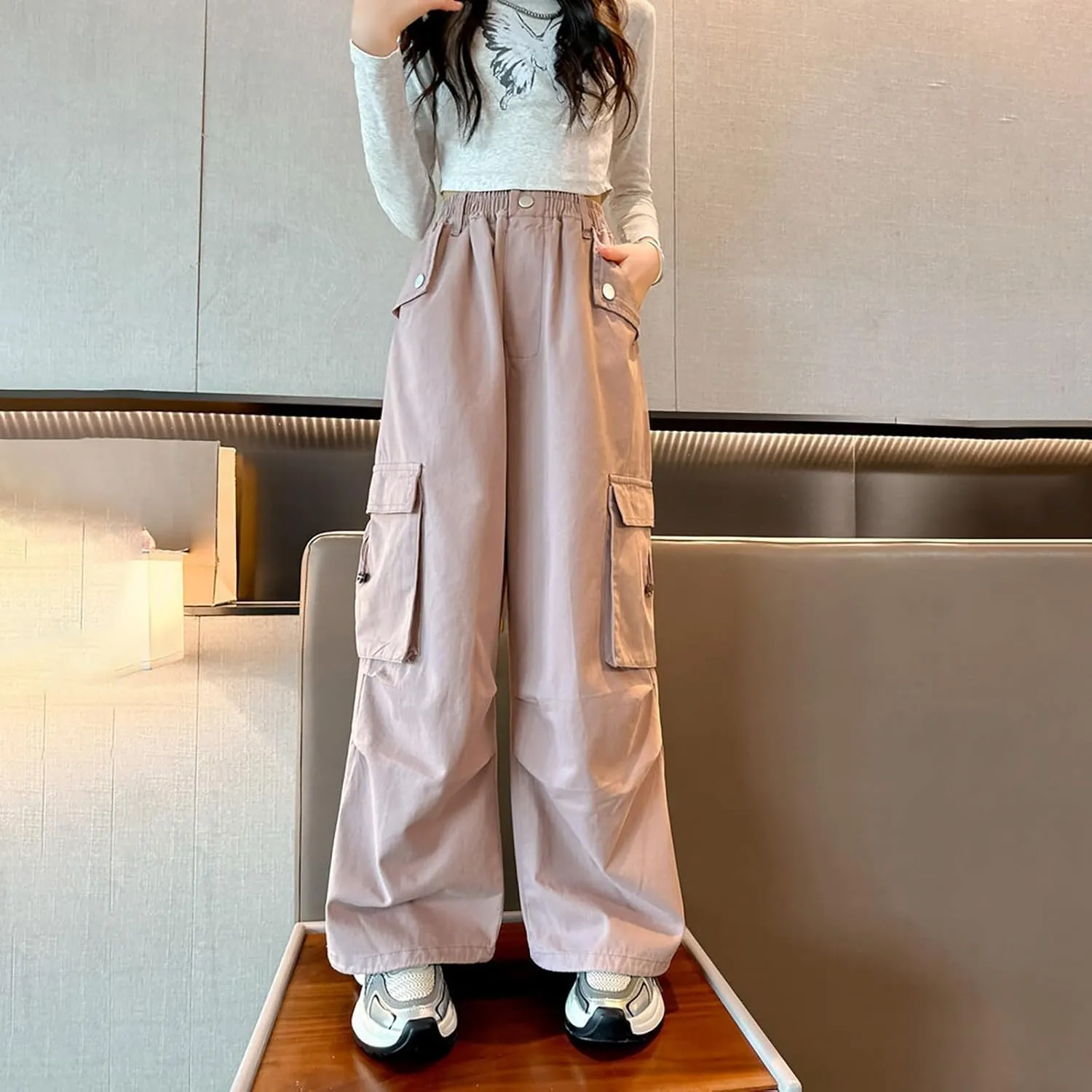 Girls Baggy Cargo Pants Lightweight Wide Leg Drawstring Elastic Waist Loose Fit School Hiking Trousers with Pockets