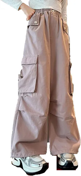 Girls Baggy Cargo Pants Lightweight Wide Leg Drawstring Elastic Waist Loose Fit School Hiking Trousers with Pockets