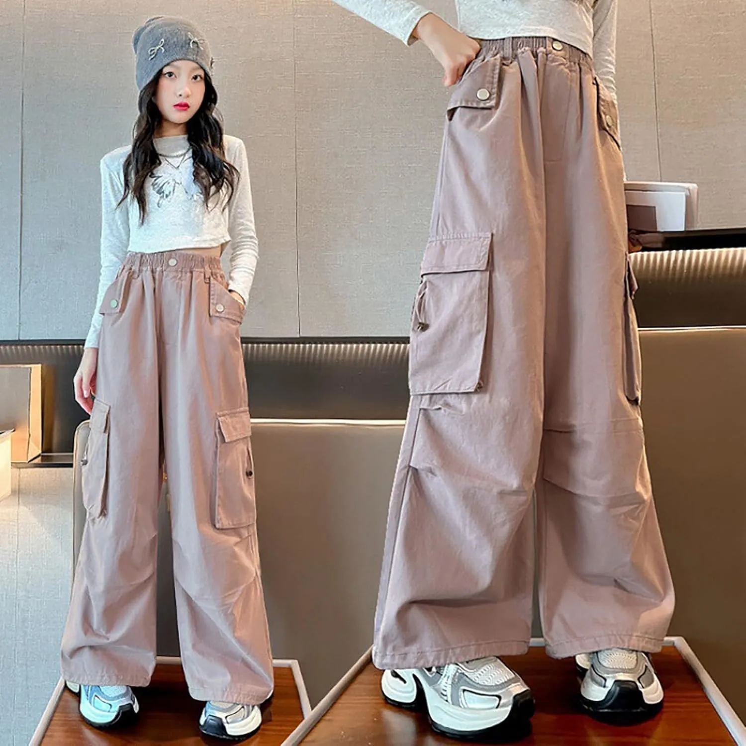 Girls Baggy Cargo Pants Lightweight Wide Leg Drawstring Elastic Waist Loose Fit School Hiking Trousers with Pockets