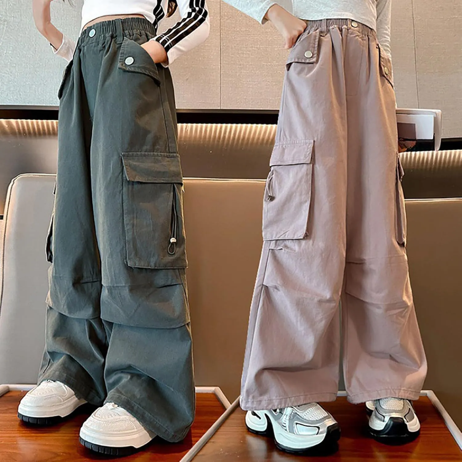 Girls Baggy Cargo Pants Lightweight Wide Leg Drawstring Elastic Waist Loose Fit School Hiking Trousers with Pockets