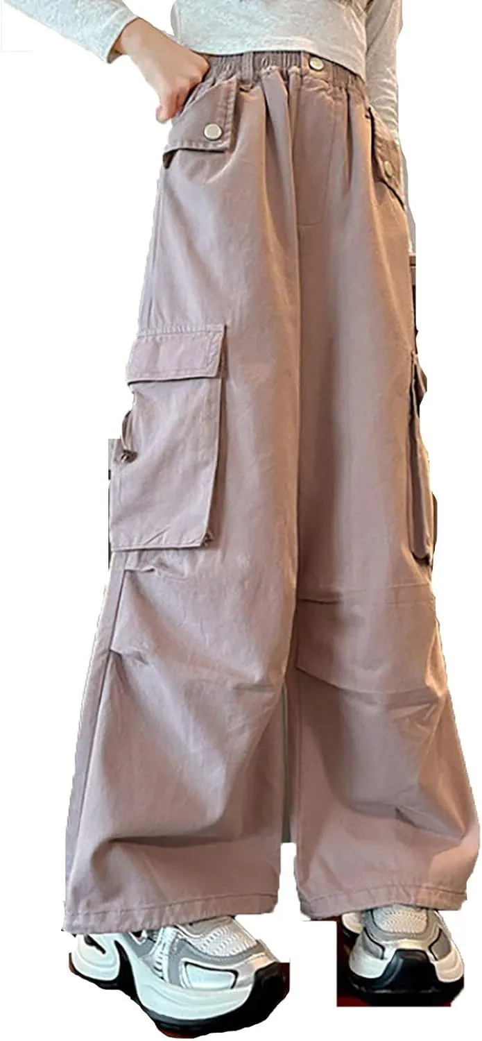 Girls Baggy Cargo Pants Lightweight Wide Leg Drawstring Elastic Waist Loose Fit School Hiking Trousers with Pockets