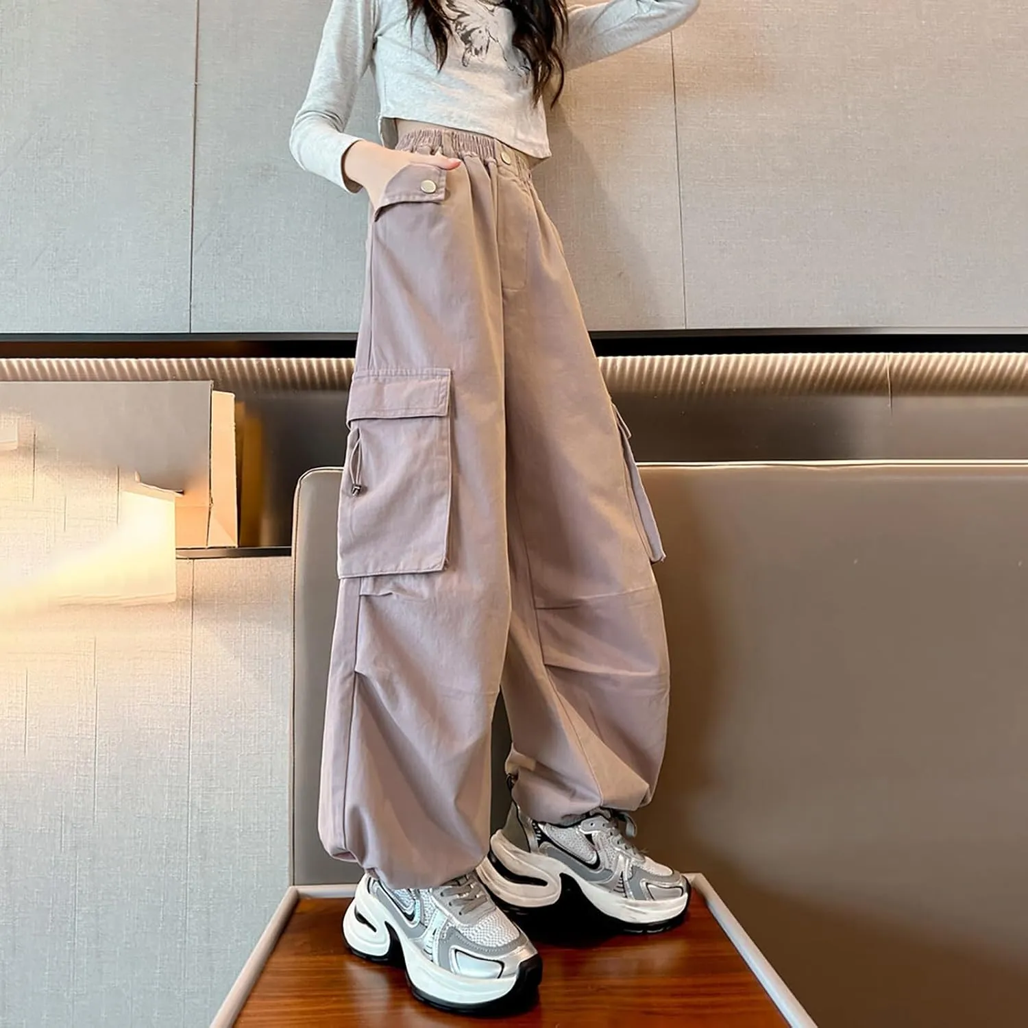 Girls Baggy Cargo Pants Lightweight Wide Leg Drawstring Elastic Waist Loose Fit School Hiking Trousers with Pockets