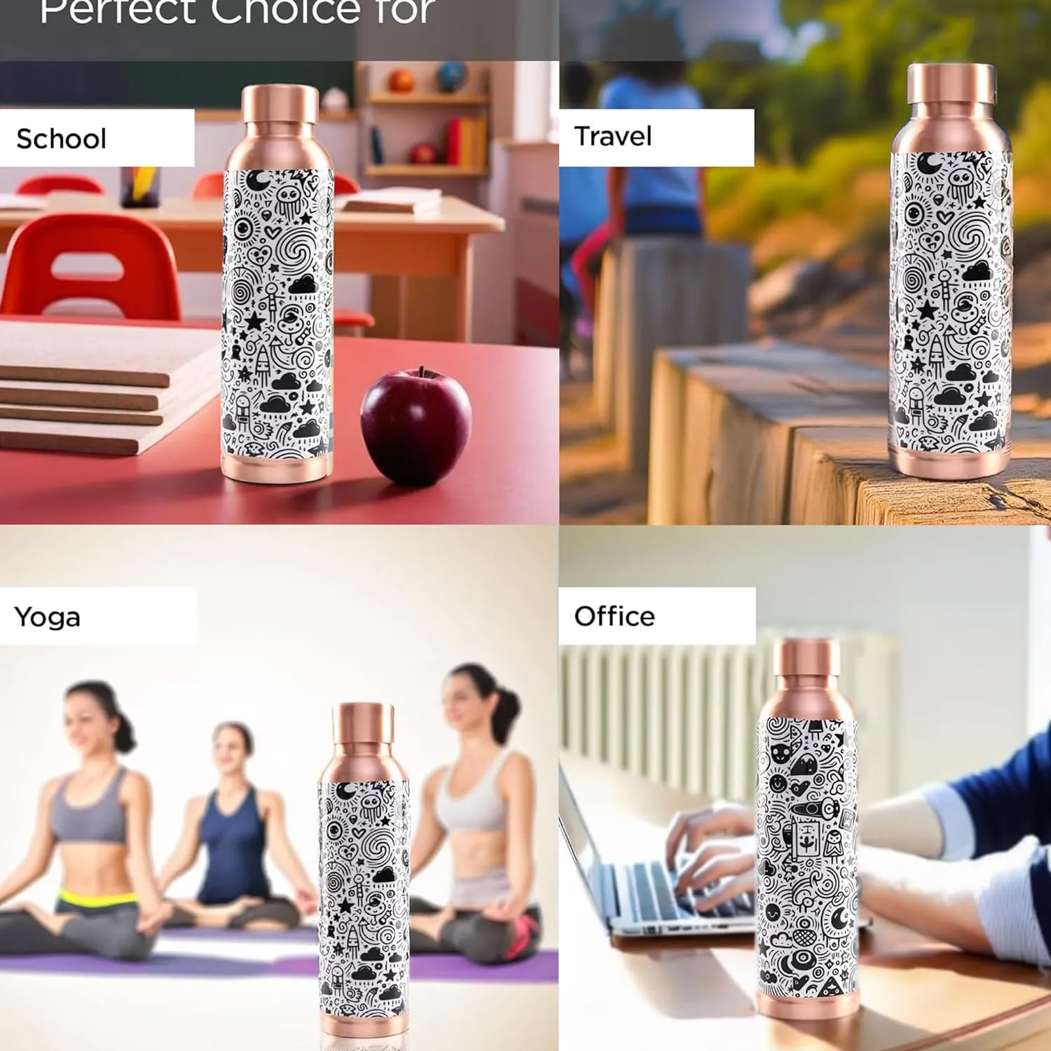 Kuber Industries Pack of 4 Copper Water Bottle - Eco-Friendly & Leakproof Tamaba Bottle for Office/Gym/Yoga/College, Men & Women | 950ml | Lining Design