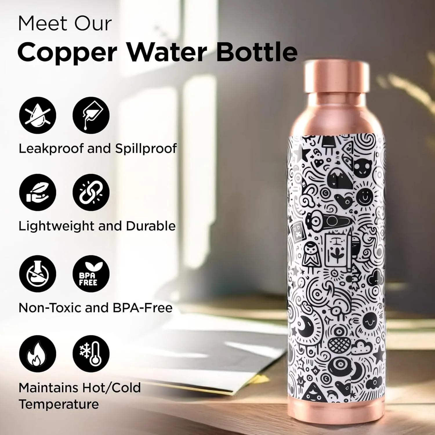 Kuber Industries Pack of 4 Copper Water Bottle - Eco-Friendly & Leakproof Tamaba Bottle for Office/Gym/Yoga/College, Men & Women | 950ml | Lining Design