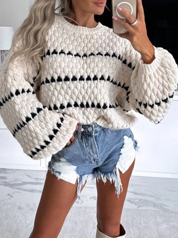 Loose Puff Sleeves Split-Joint Round-Neck Sweater Tops