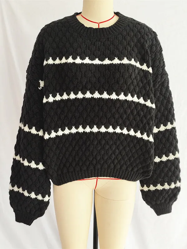 Loose Puff Sleeves Split-Joint Round-Neck Sweater Tops
