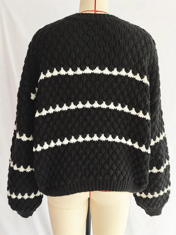 Loose Puff Sleeves Split-Joint Round-Neck Sweater Tops