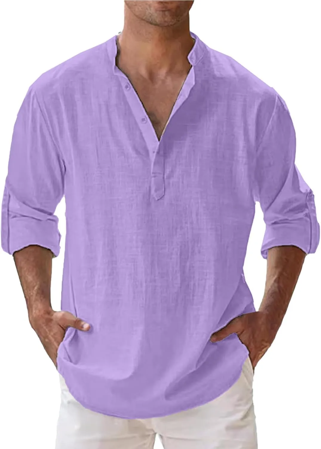 Mens Cotton Linen Shirts Solid Color Long Sleeve Pullover Shirts Button Stand Collar Beach Tops for Summer Vacation
