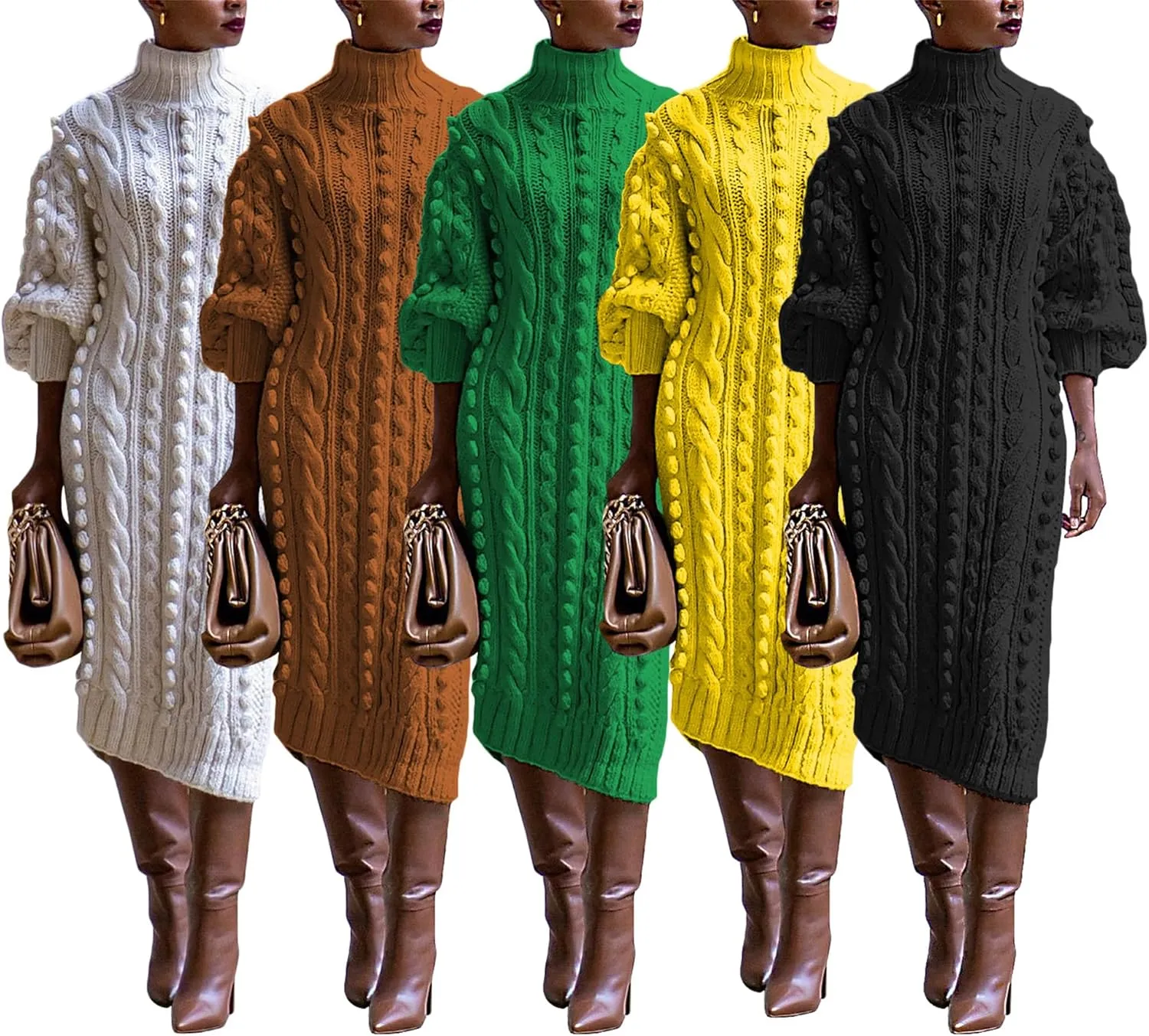 Molisry Womens Turtleneck Sweater Dress Knitted Double High Split Long Lantern Sleeve Fall Sweaters Dresses