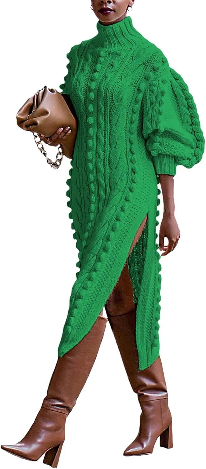 Molisry Womens Turtleneck Sweater Dress Knitted Double High Split Long Lantern Sleeve Fall Sweaters Dresses