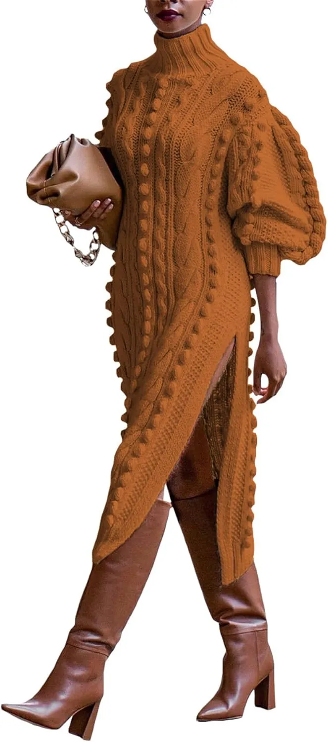 Molisry Womens Turtleneck Sweater Dress Knitted Double High Split Long Lantern Sleeve Fall Sweaters Dresses