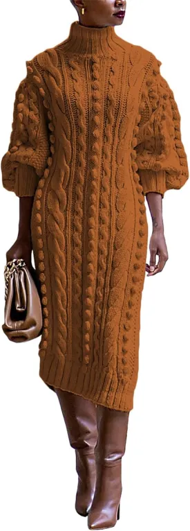 Molisry Womens Turtleneck Sweater Dress Knitted Double High Split Long Lantern Sleeve Fall Sweaters Dresses