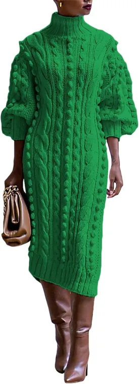 Molisry Womens Turtleneck Sweater Dress Knitted Double High Split Long Lantern Sleeve Fall Sweaters Dresses