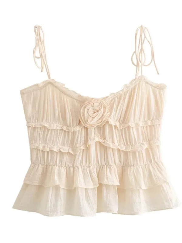 New sweet flower layered decorative small strap ruffled solid color vest