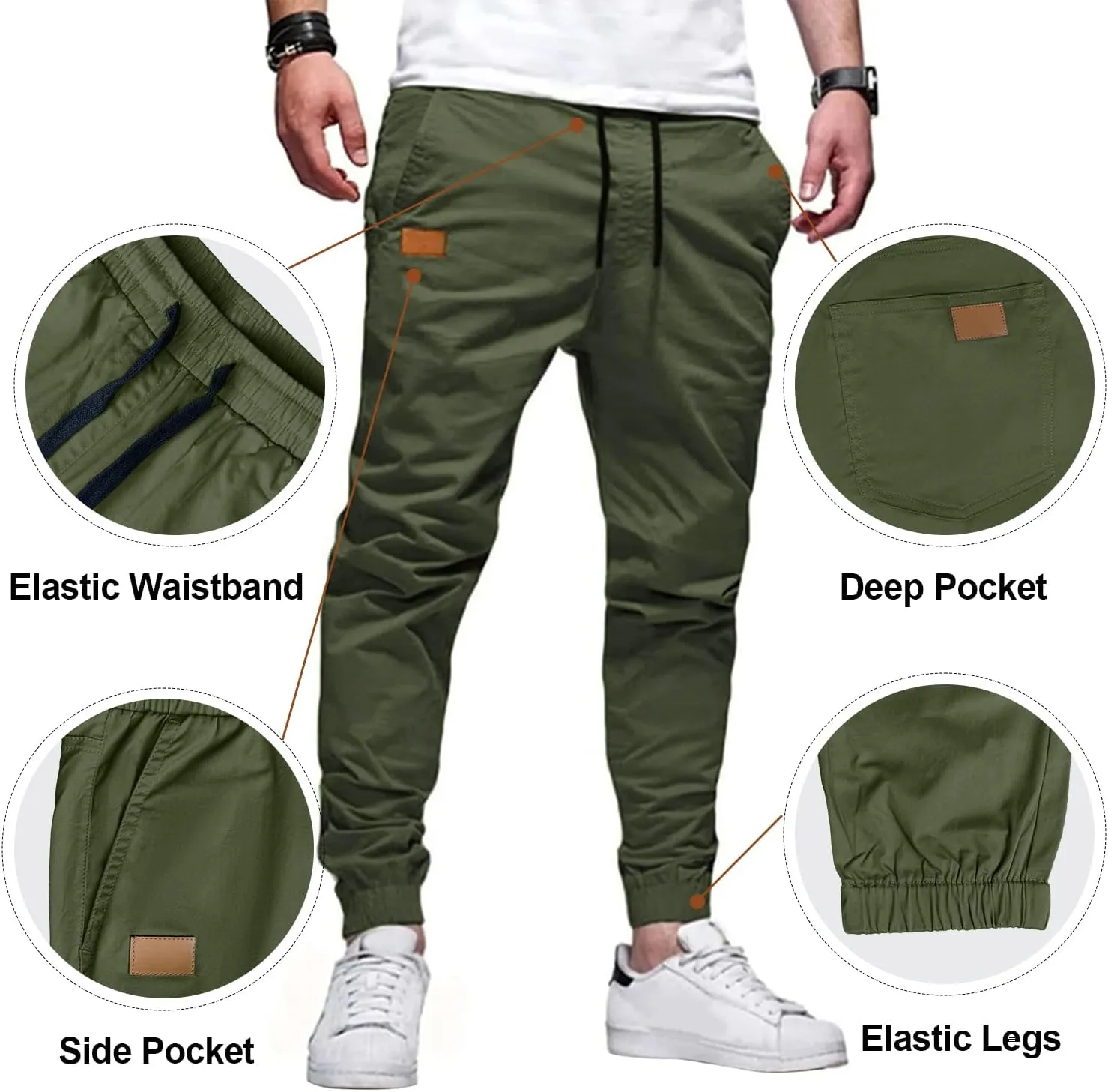 PLEPAN Mens Casual Cargo Joggers - Cotton Drawstring Chino Pants Hiking Outdoor Twill Track Jogging Sweatpants